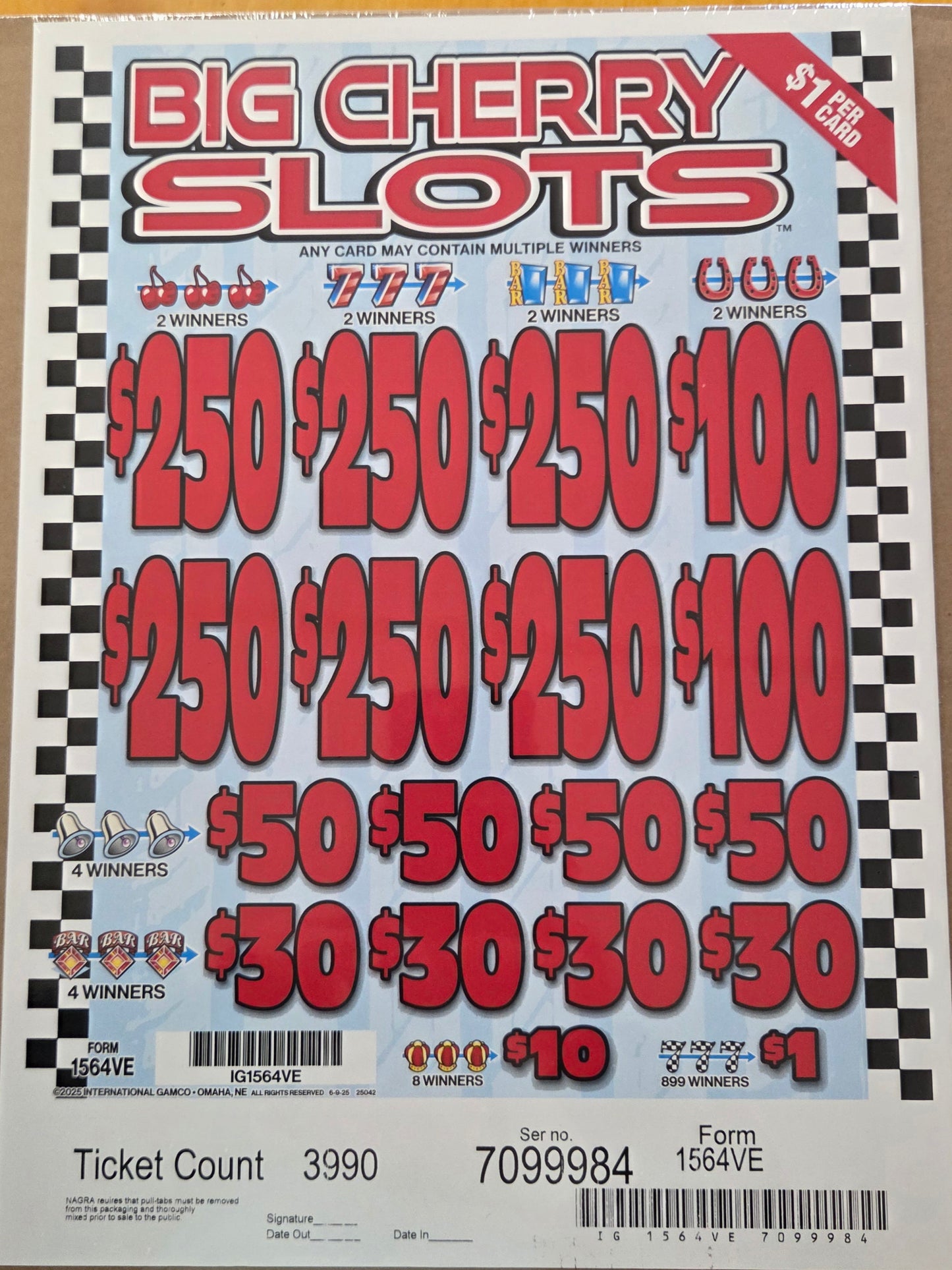 Big Cherry Slots $1 3990ct 6-$250 Instant Pull Tabs
