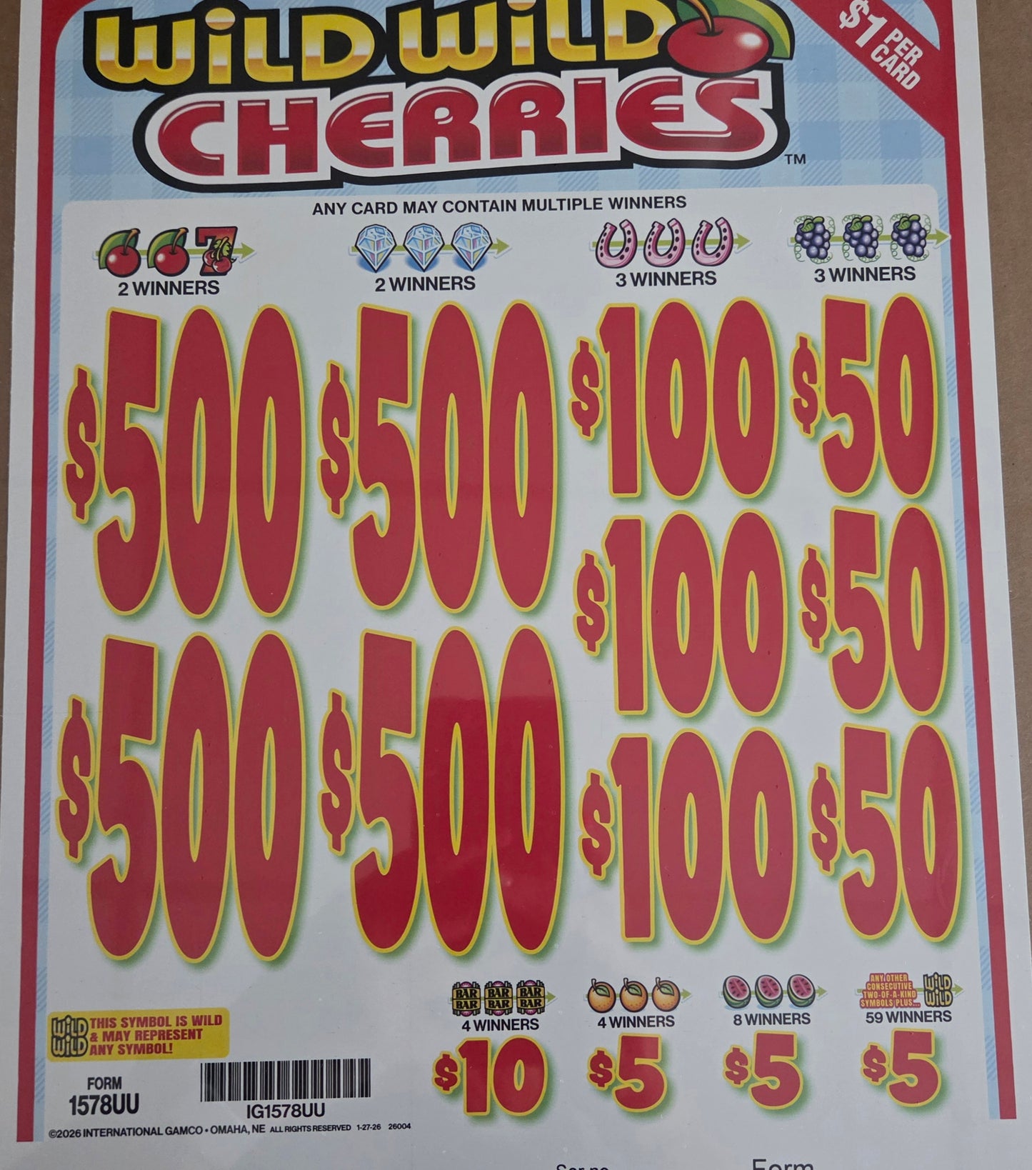 Wild Wild Cherries $1 4-$500 3990ct Instant Pull Tabs