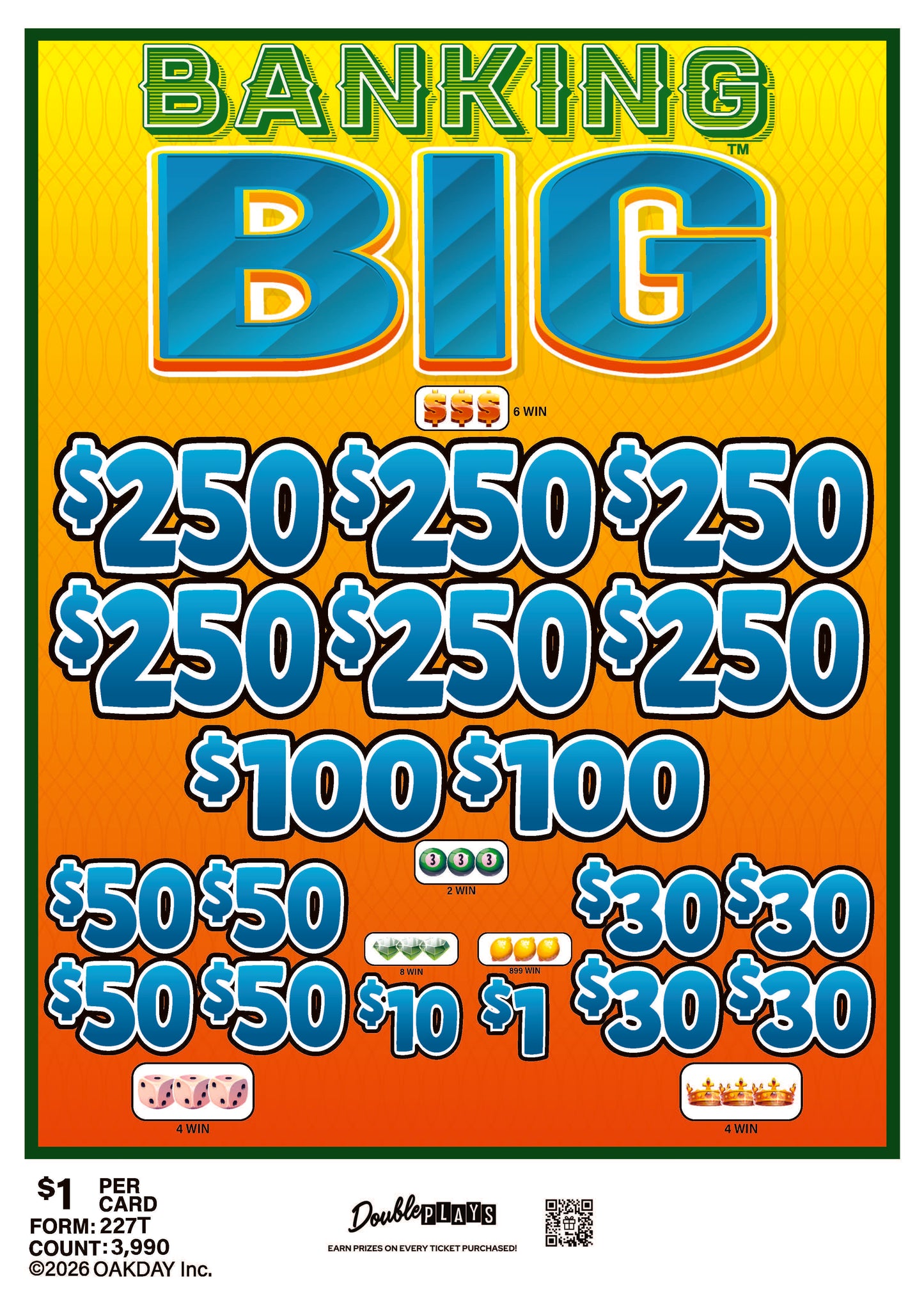 Banking Big $1 3990ct 6-$250 Instant Pull Tabs
