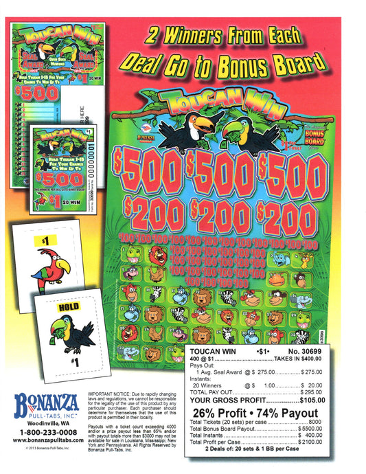 Toucan Win 400ct Bonus Board Pull Tabs