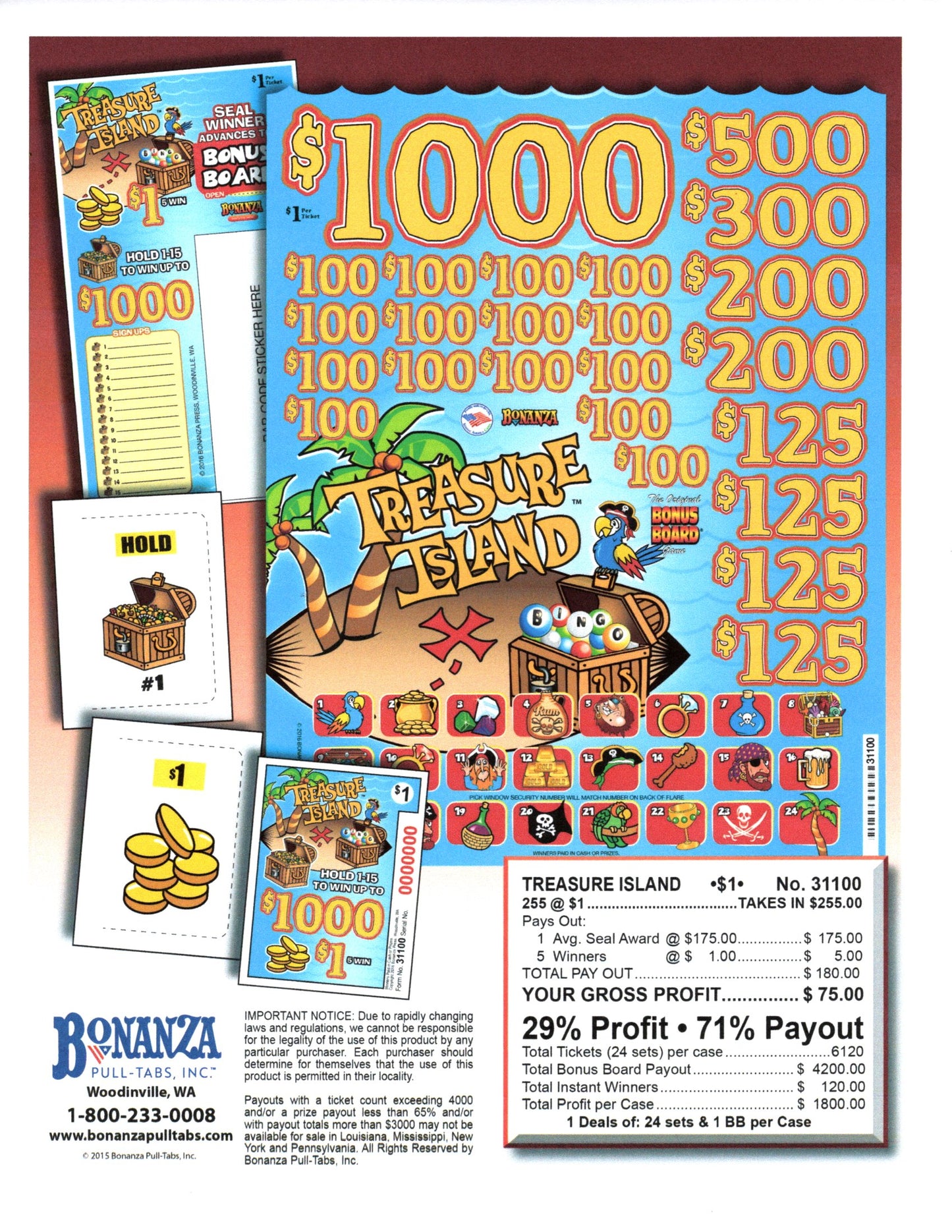 Treasure Island 255ct Bonus Board Pull Tabs