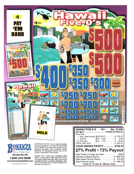 Hawaii Five-O's 400ct Bonus Board Pull Tabs