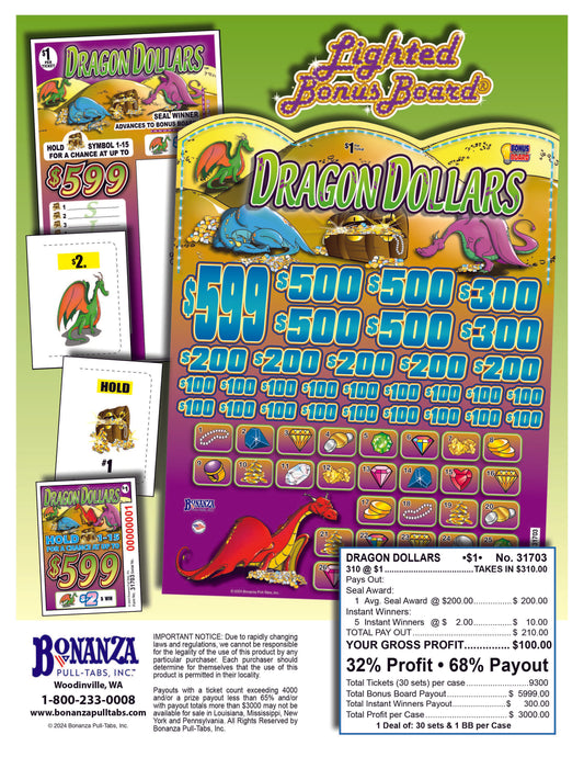 Dragon Dollars 310ct Lighted Bonus Board Pull Tabs