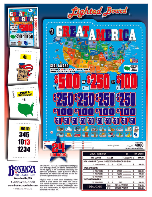 Great America 4000ct Lighted Bonus Board Pull Tabs