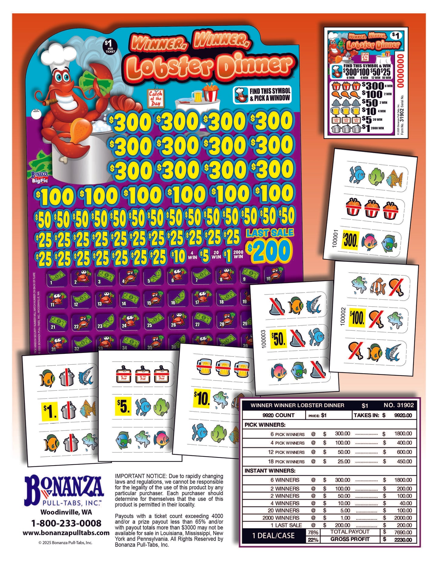 Winner Winner Lobster Dinner 9920ct Bonus Board Pull Tab
