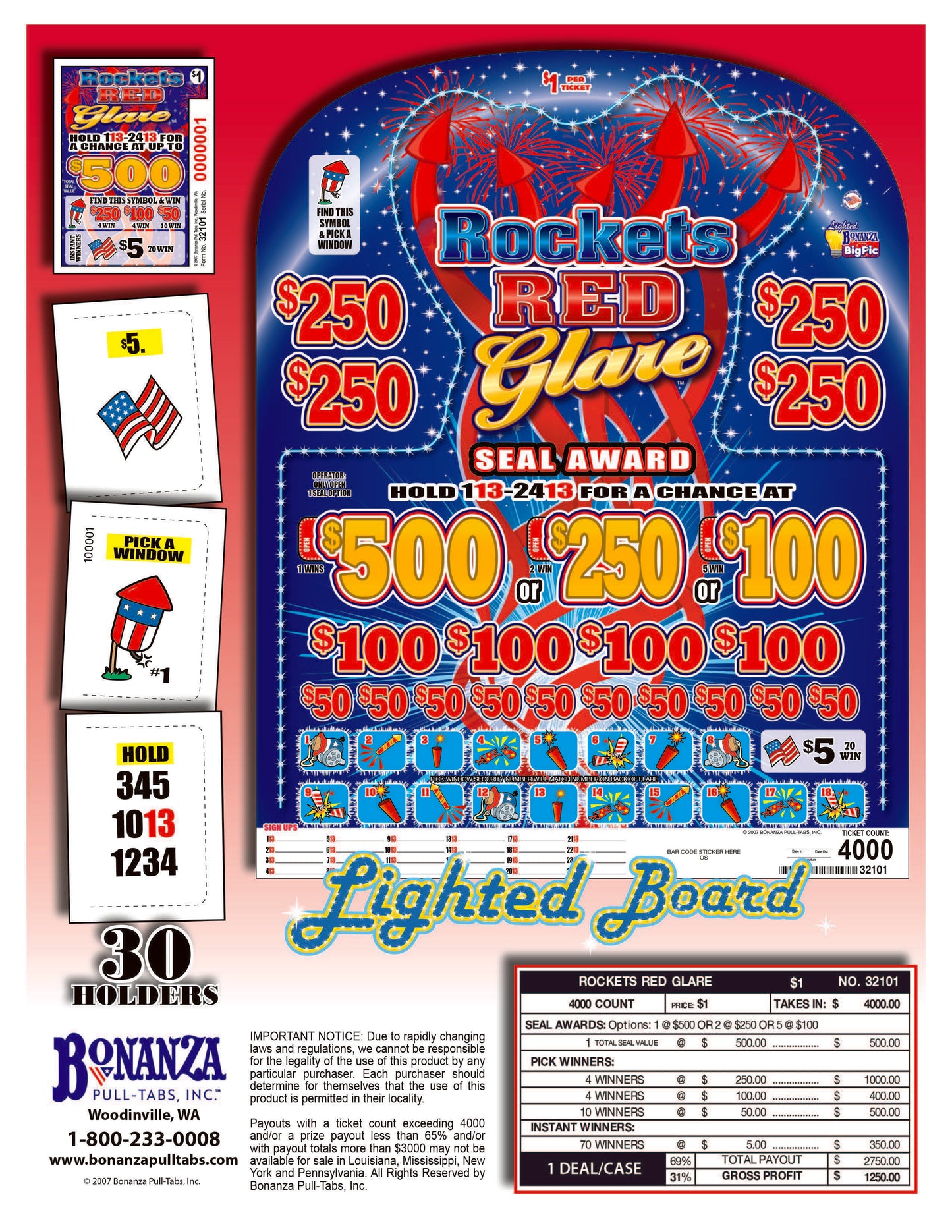 Rockets Red Glare 4000ct Lighted Bonus Board Pull Tabs