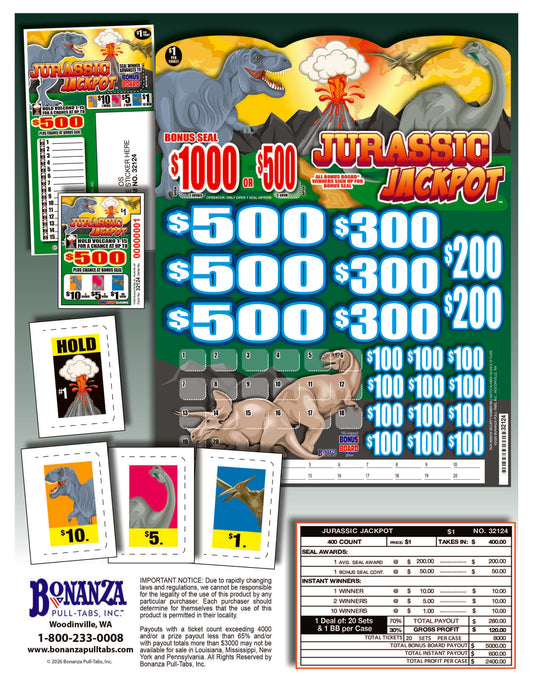Jurassic Jackpot 400ct Bonus Board Pull Tabs