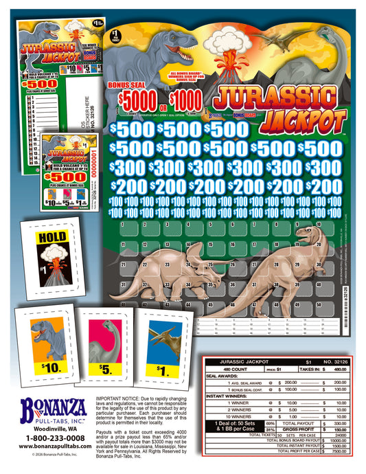 Jurassic Jackpot 480ct Bonus Board Pull Tabs