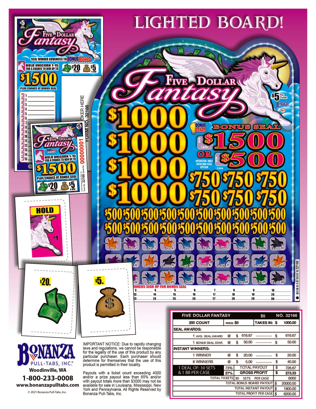 Five Dollar Fantasy $5 200ct Subset Bonus Board Pull Tabs