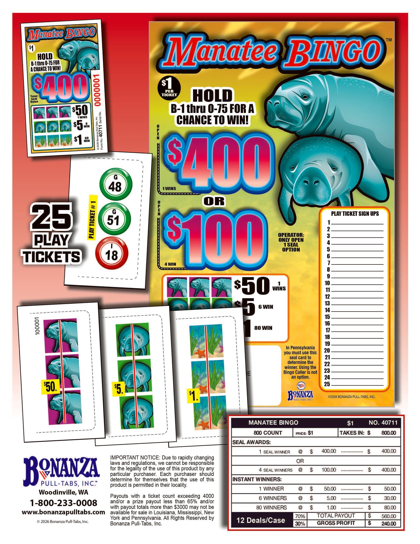 Manatee Bingo 800ct Seal Game Pull Tab