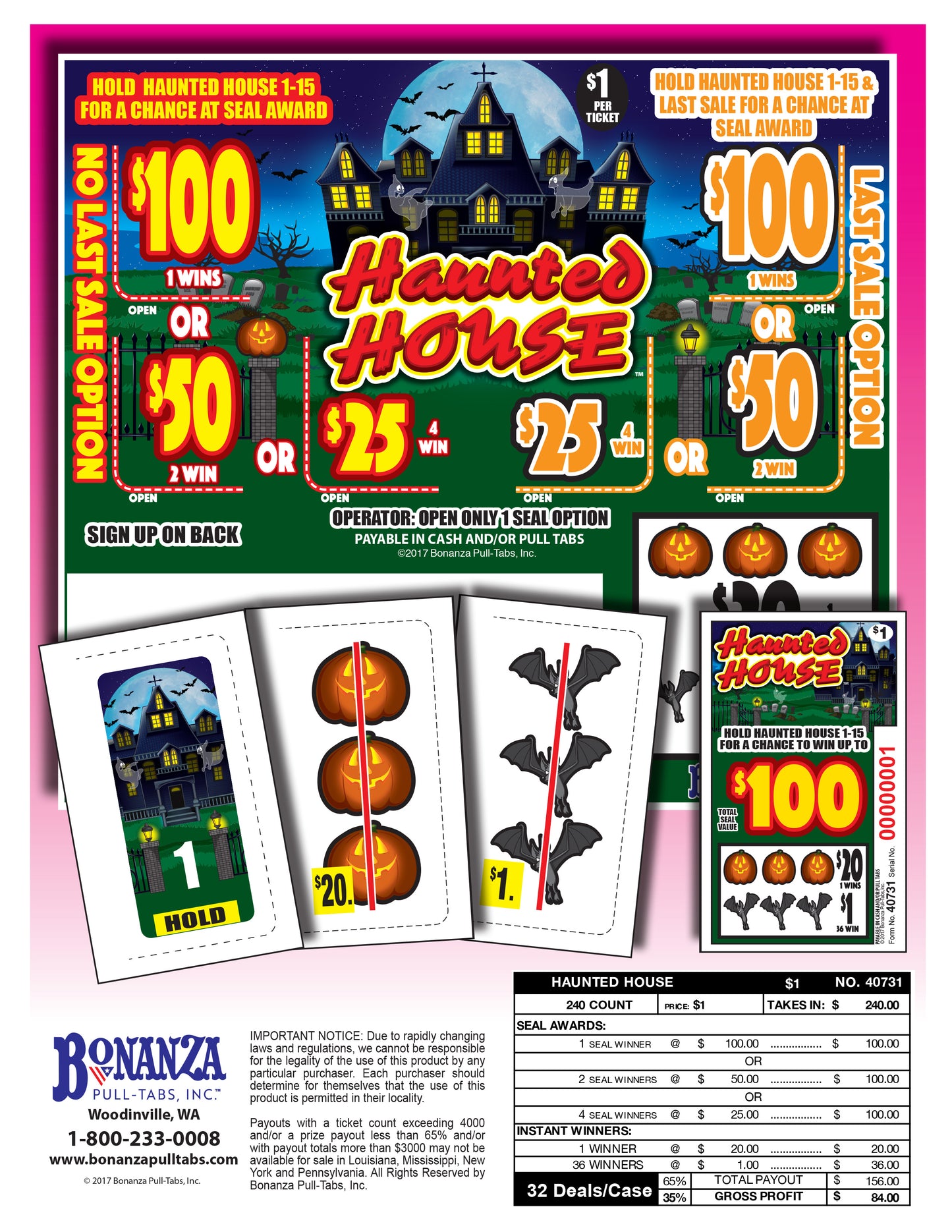 Haunted House 240ct Seal Game Pull Tabs