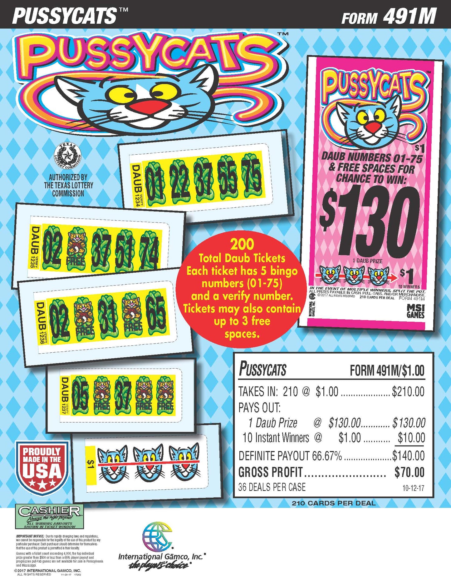 Pussycats 210ct Daub Ticket Pull Tabs
