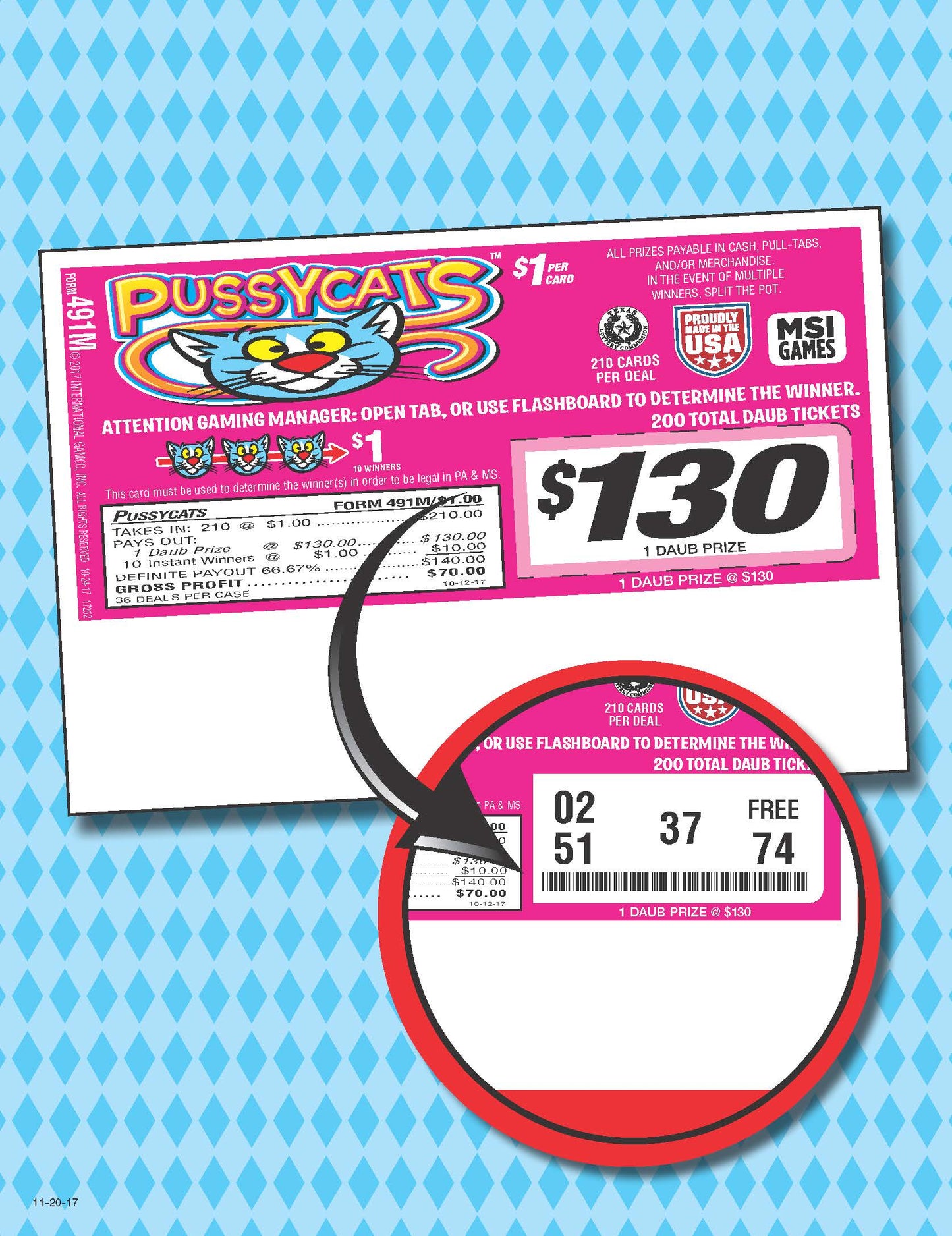 Pussycats 210ct Daub Ticket Pull Tabs