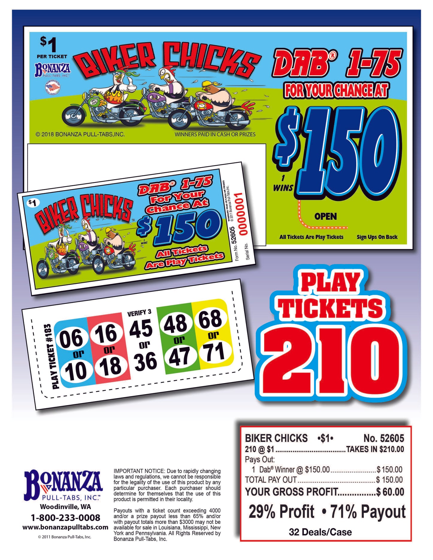 Biker Chicks $1 210ct Daub Ticket Pull Tabs