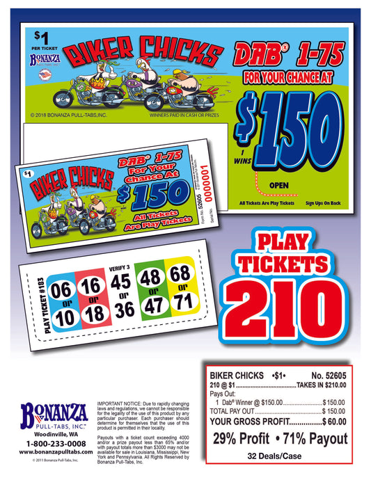 Biker Chicks $1 210ct Daub Ticket Pull Tabs