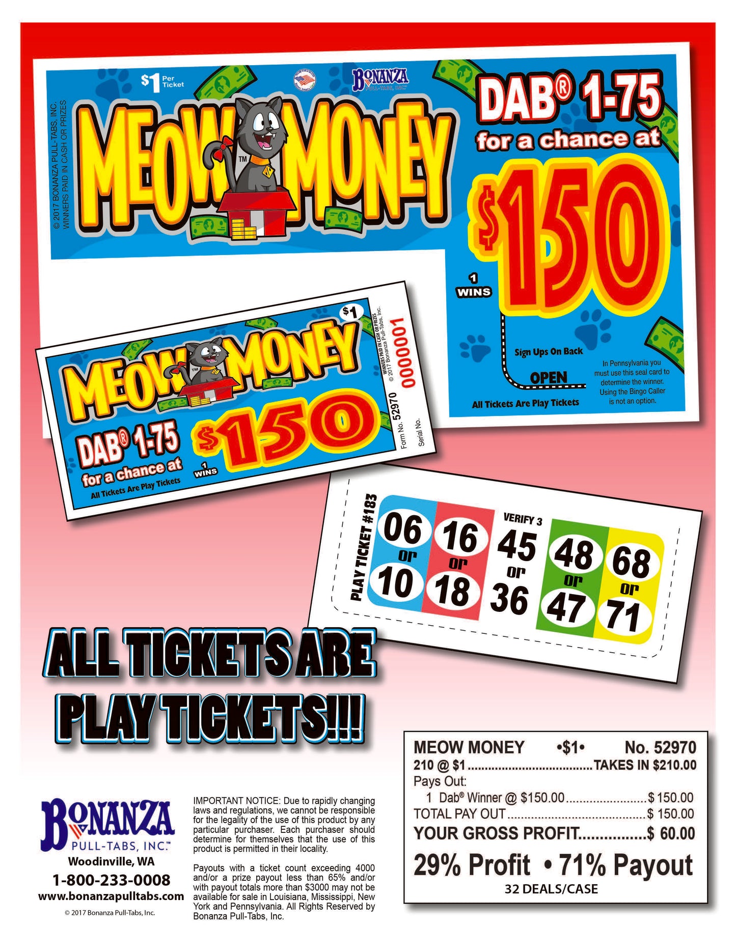Meow Money 210ct Daub Game Pull Tabs