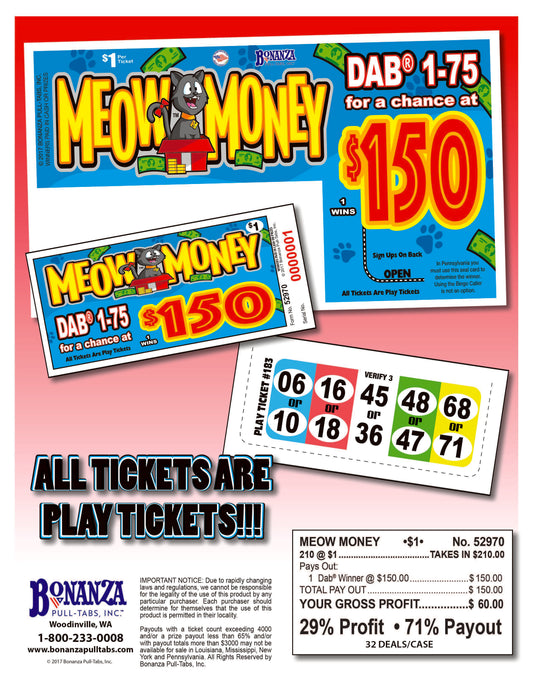 Meow Money 210ct Daub Game Pull Tabs