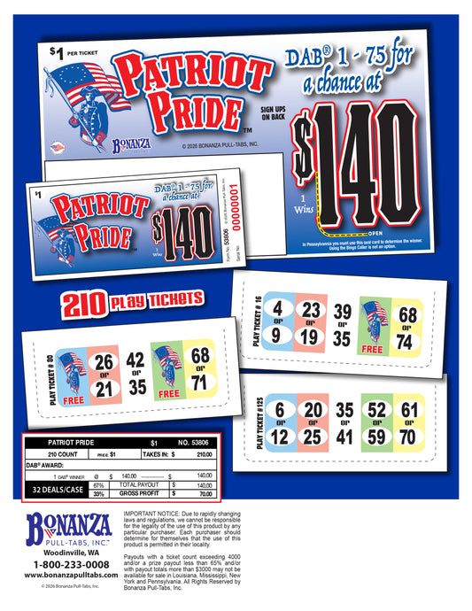 Patriot Pride 210ct Daub Game Pull Tabs