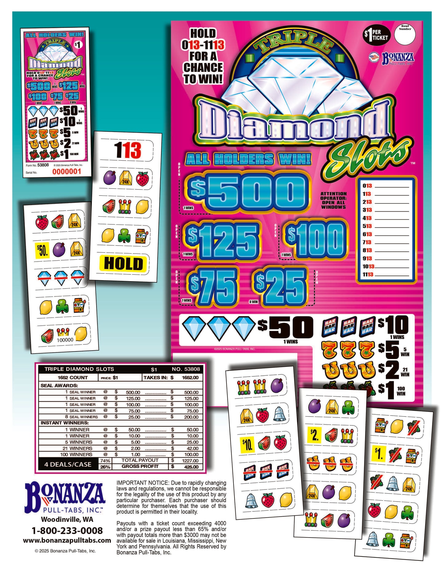 Triple Diamond Slots 1652ct Seal Game Pull Tabs