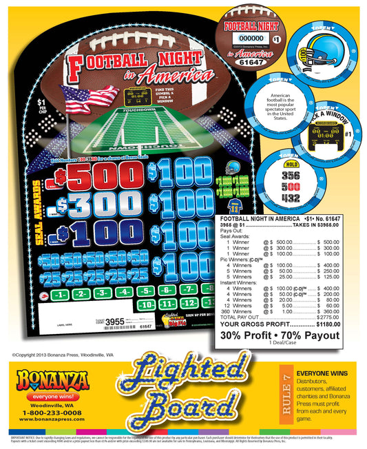 Football Nights in America 3955ct Lighted Bonus Board Chip Pull Tabs