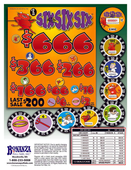 Six Six Six LS 1356ct $2 Chip Pull Tabs
