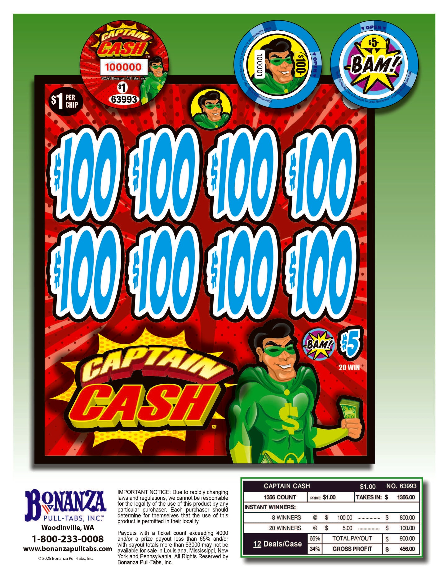 Captain Cash 1356ct Chip Pull Tabs