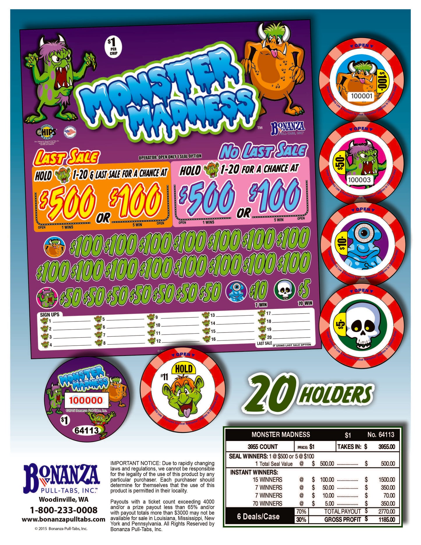 Monster Madness 3955ct Chip Game Pull Tabs