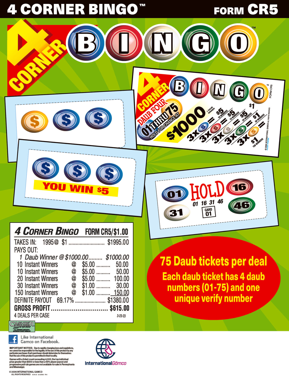 4 Corners Bingo 1955ct Daub Game Pull Tabs