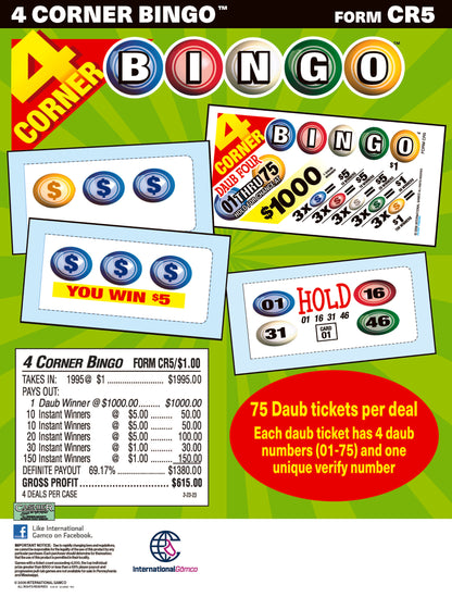 4 Corners Bingo 1955ct Daub Game Pull Tabs