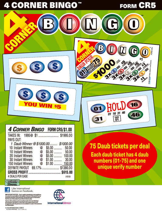 4 Corners Bingo 1955ct Daub Game Pull Tabs