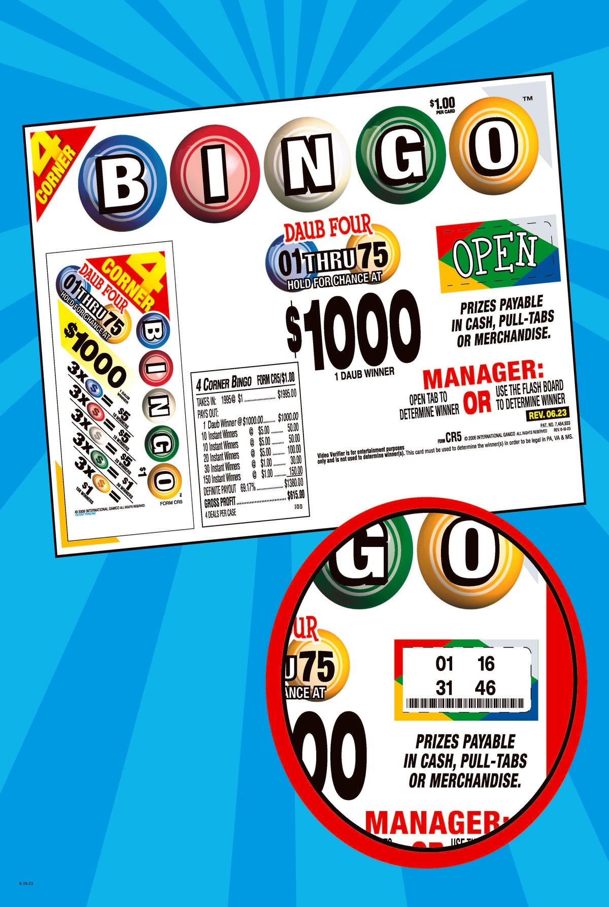 4 Corners Bingo 1955ct Daub Game Pull Tabs