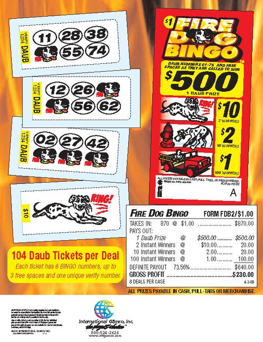 Fire Dog Bingo 870ct Daub Ticket Pull Tabs