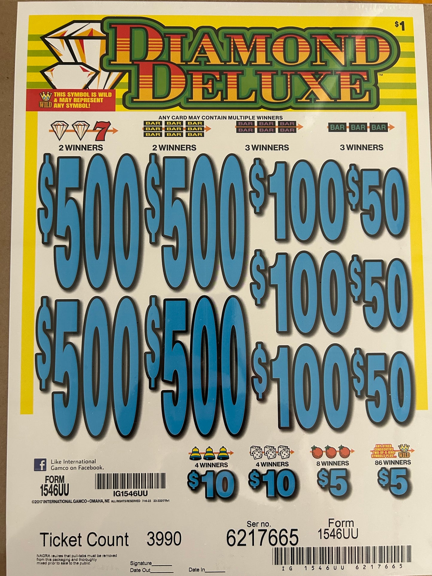 Diamond Deluxe 3990ct $1 4-$500 Instant Pull Tabs