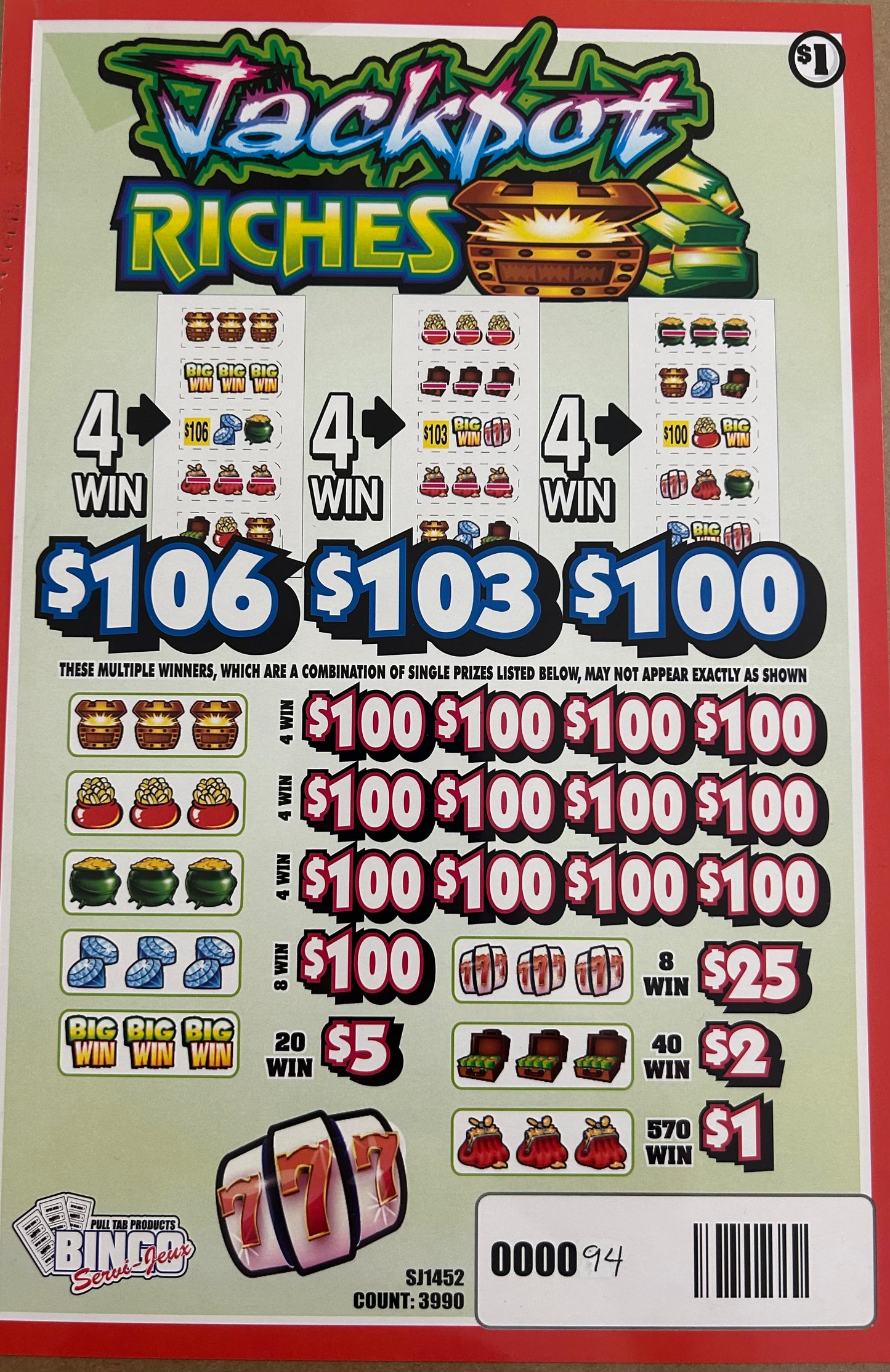 Jackpot Riches 4020ct $1 20-$100 Instant Pull Tabs