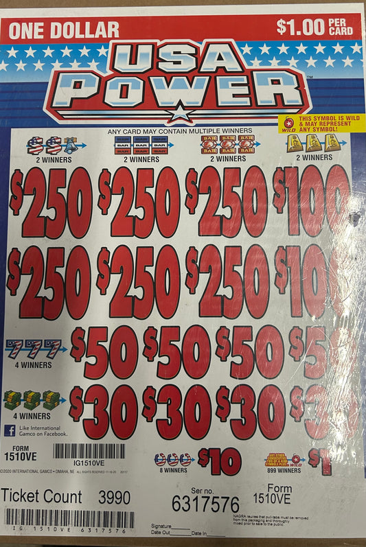 USA Power 3990ct $1 6-$250 Instant Pull Tabs