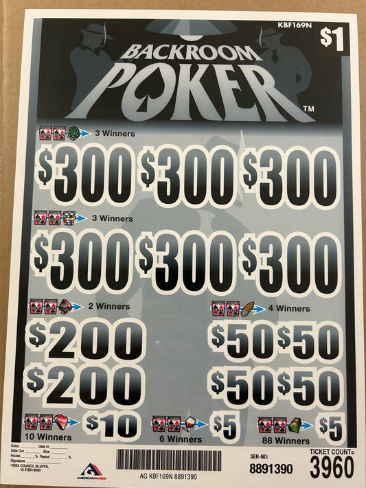 Backroom Poker 3960ct $1 6-$300 Instant Pull Tabs