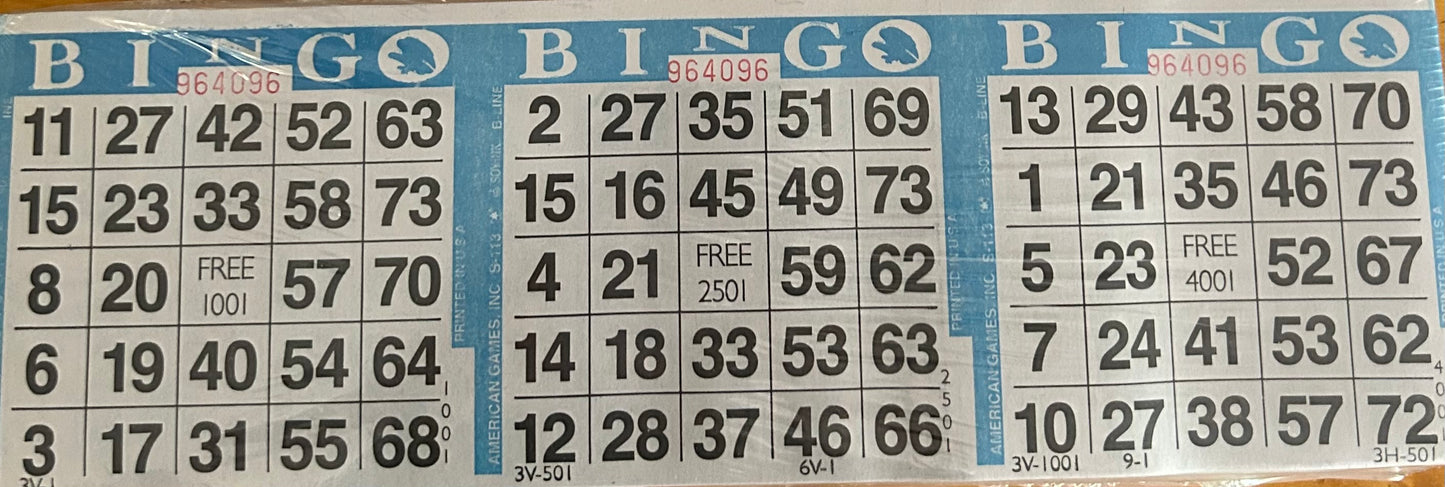 Blue 3on Horizontal Bingo Paper 500 Paper Strips 1500 Cards