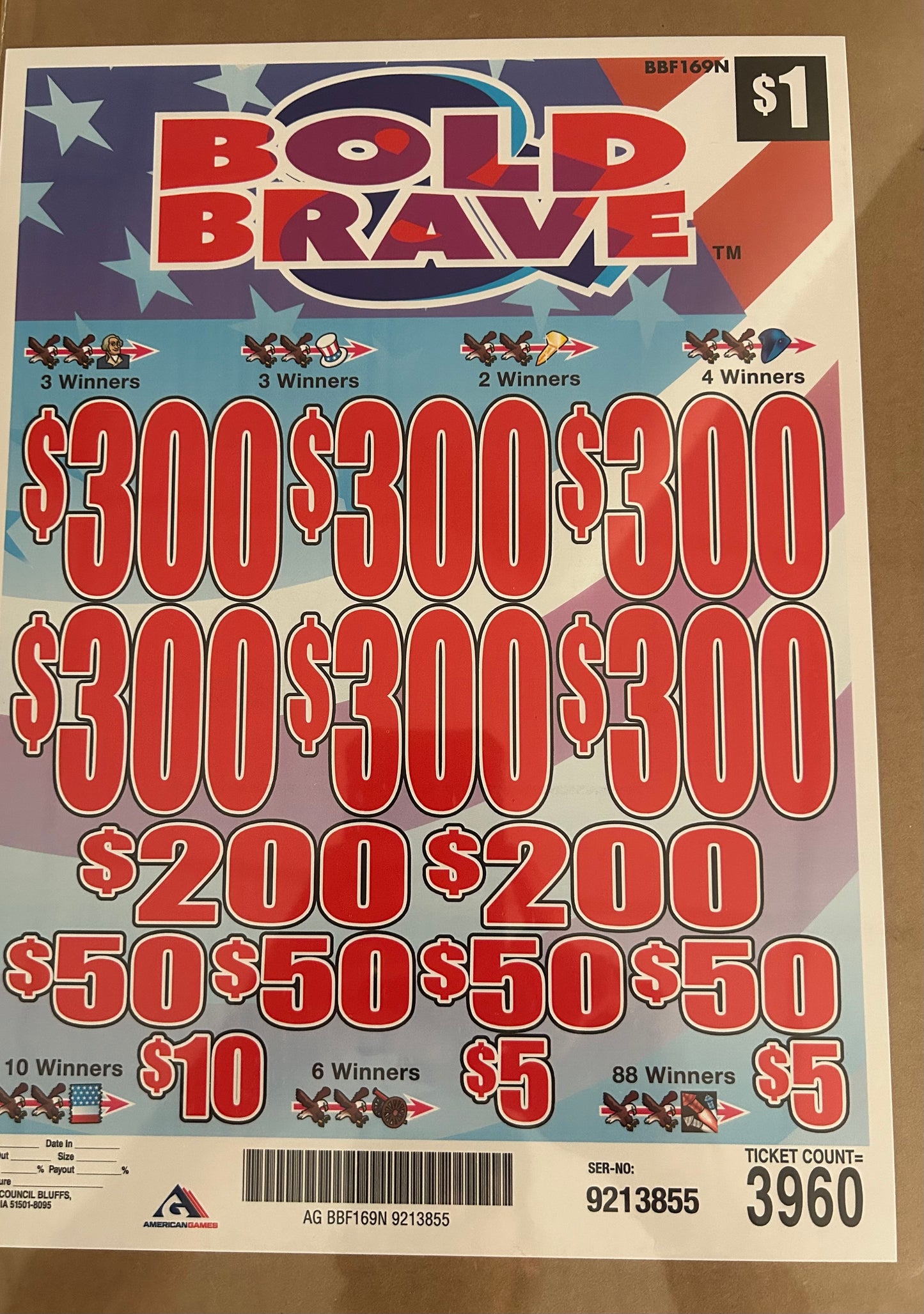 Bold & Brave $1 3960ct 6-$300 Instant Pull Tabs