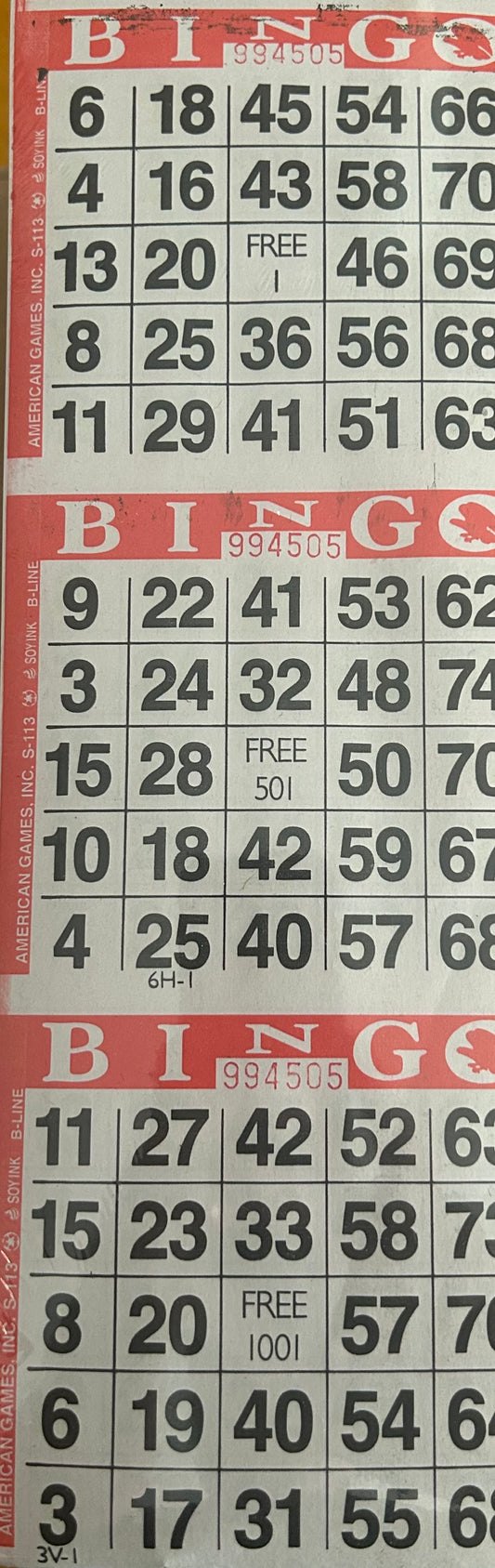 Red 3on Vertical Bingo Paper 1000 Paper Strips