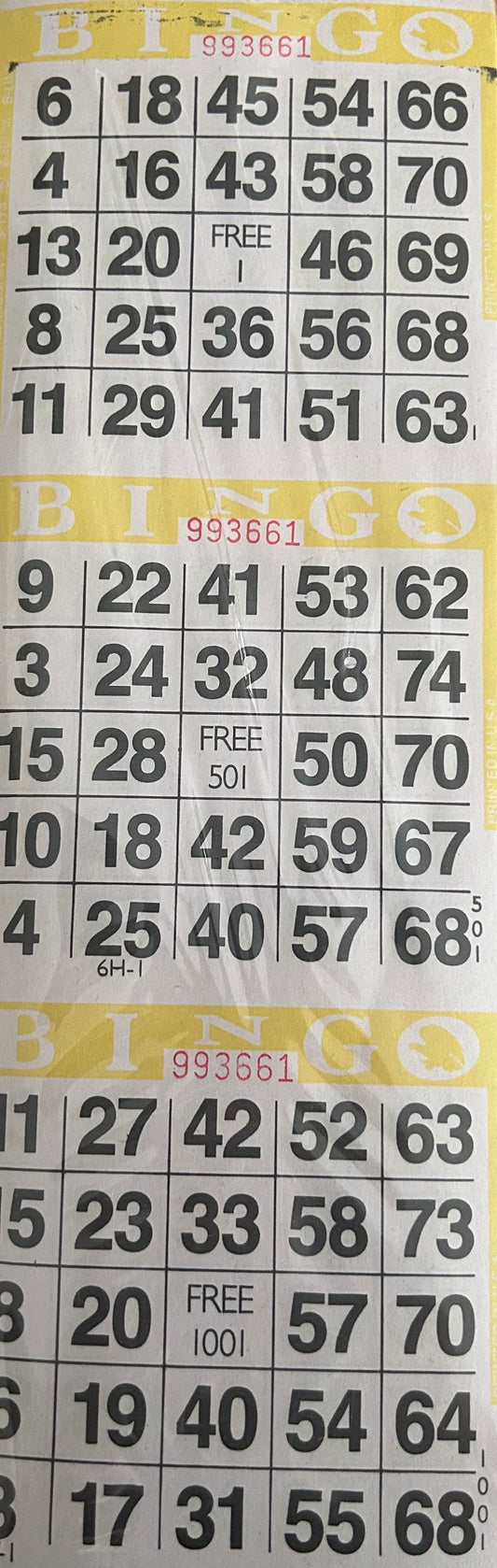 Yellow 3on Vertical Bingo Paper 1000 Paper Strips