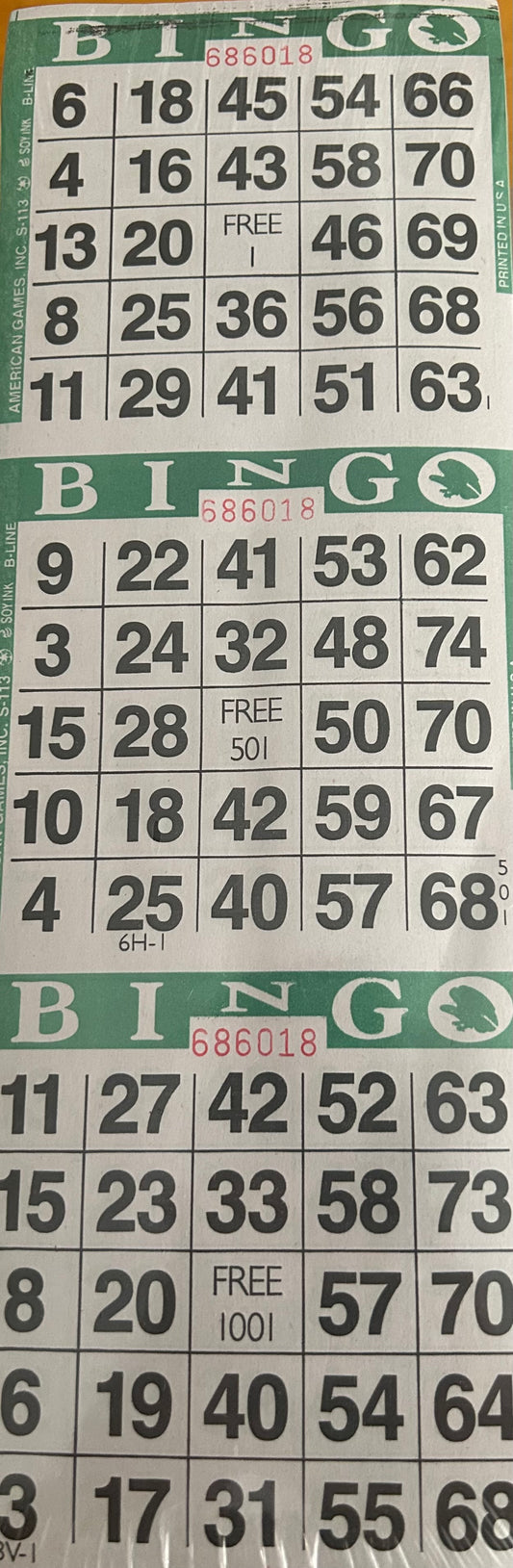 Green 3on Vertical Bingo Paper 1000 Paper Strips