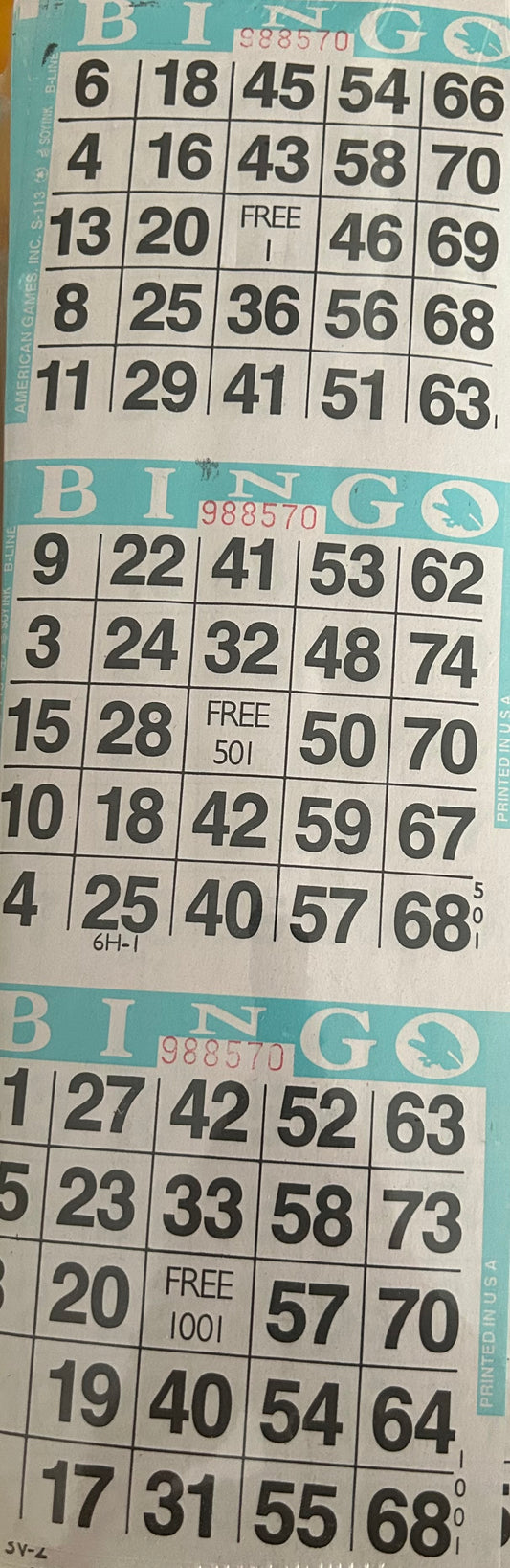 Aqua 3on Vertical Bingo Paper 1000 Paper Strips