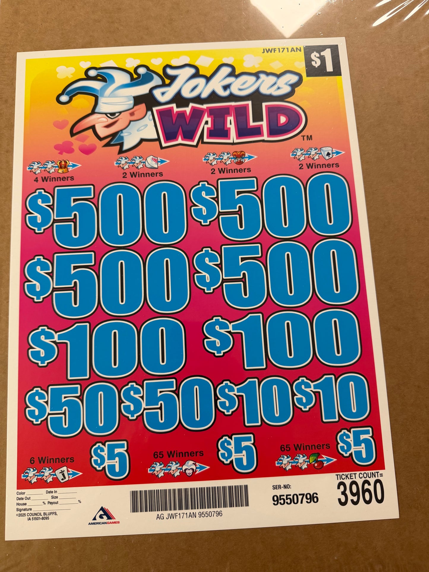 Jokers Wild 3960ct 4-$500 Instant Pull Tabs