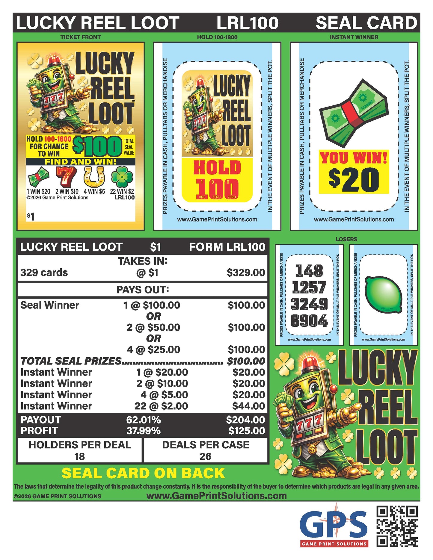 Lucky Reel Loot 329ct Seal Game Pull Tabs