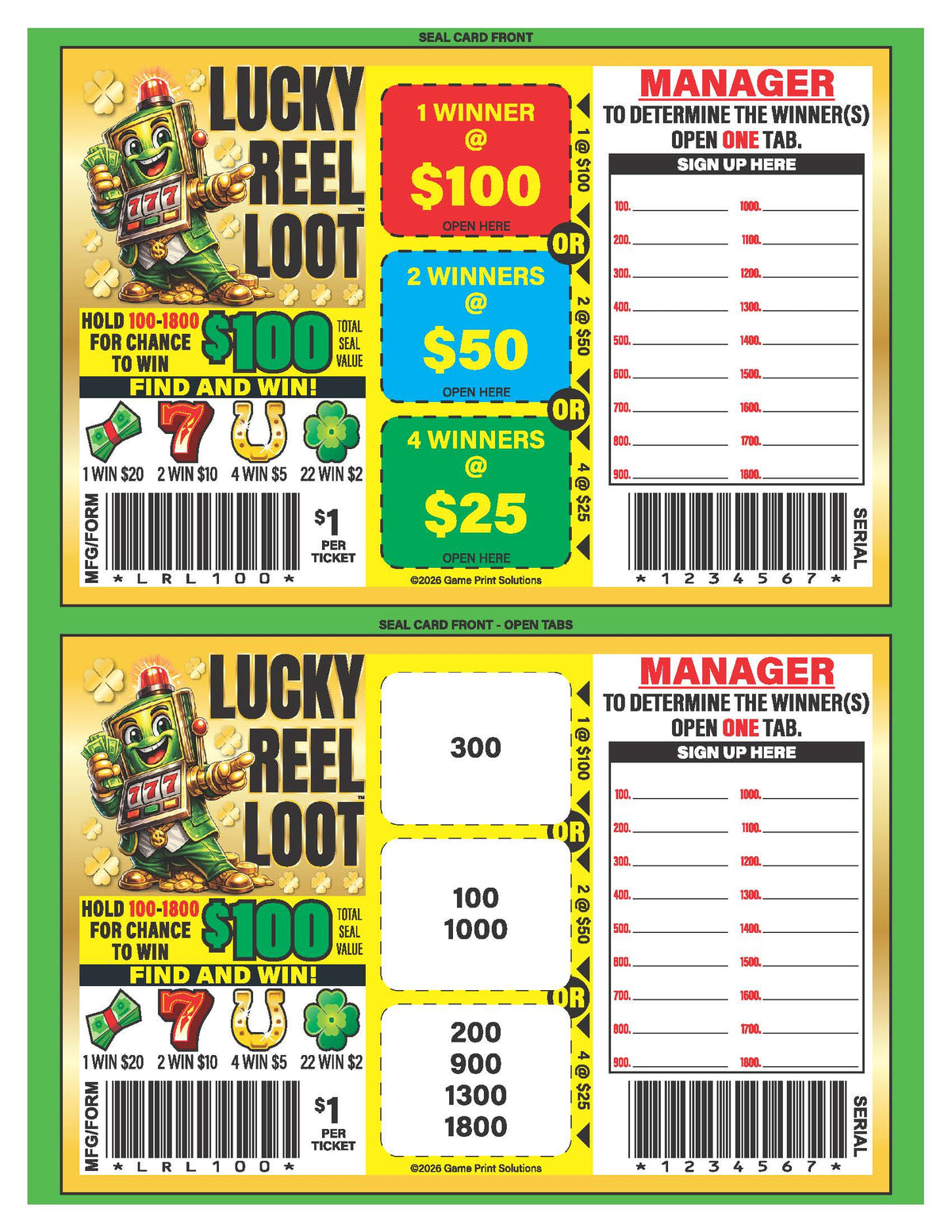 Lucky Reel Loot 329ct Seal Game Pull Tabs