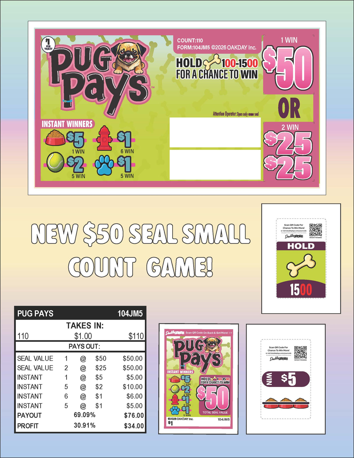 Pug Pays 110ct Seal Game Pull Tabs