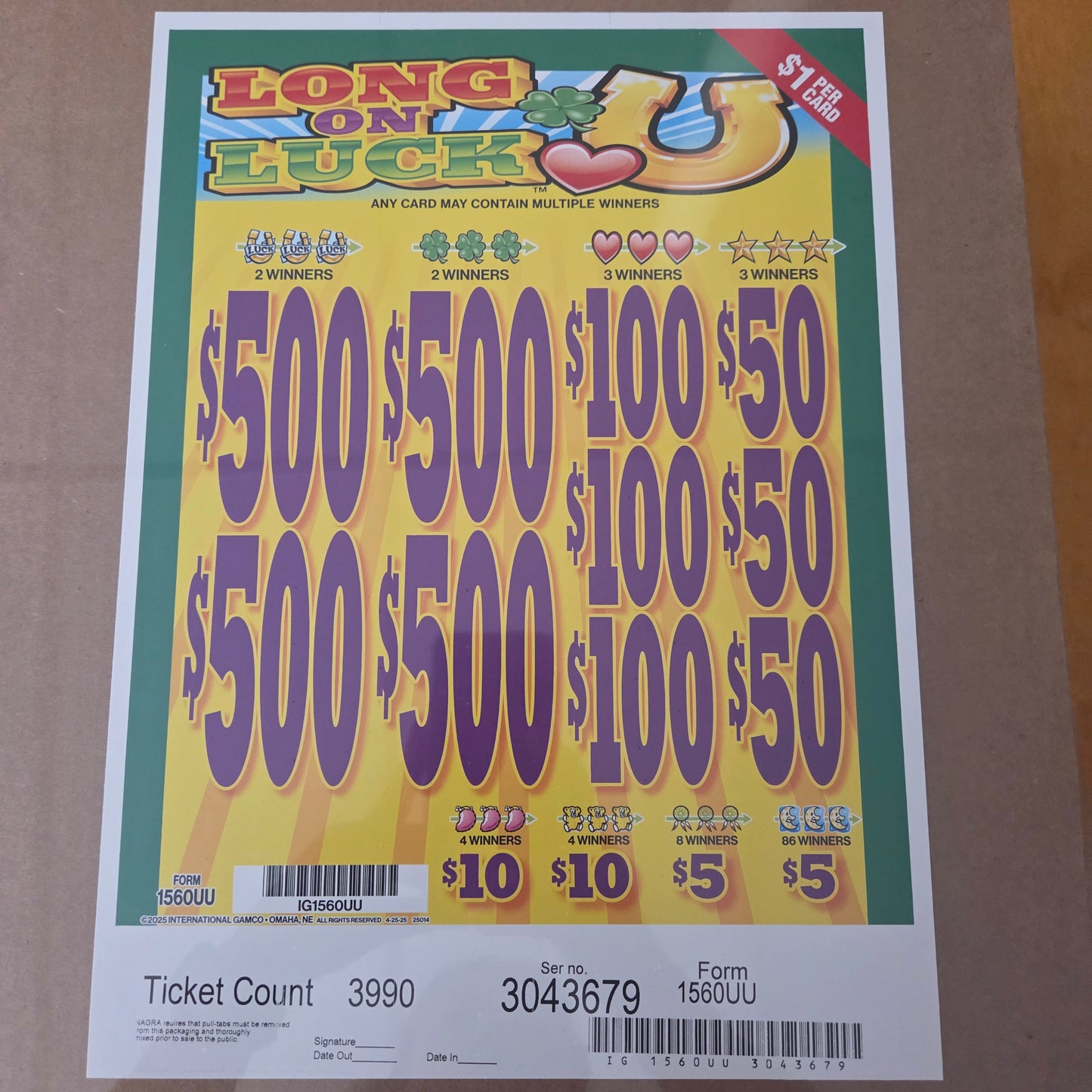 Long On Luck $1 3990ct 4-$500 instant Pull Tabs
