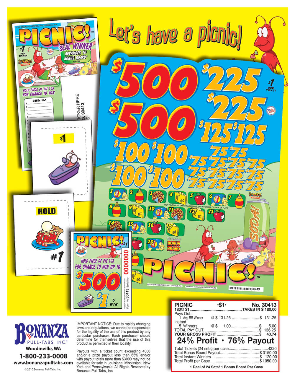 Picnic 180ct Bonus Board Pull Tabs