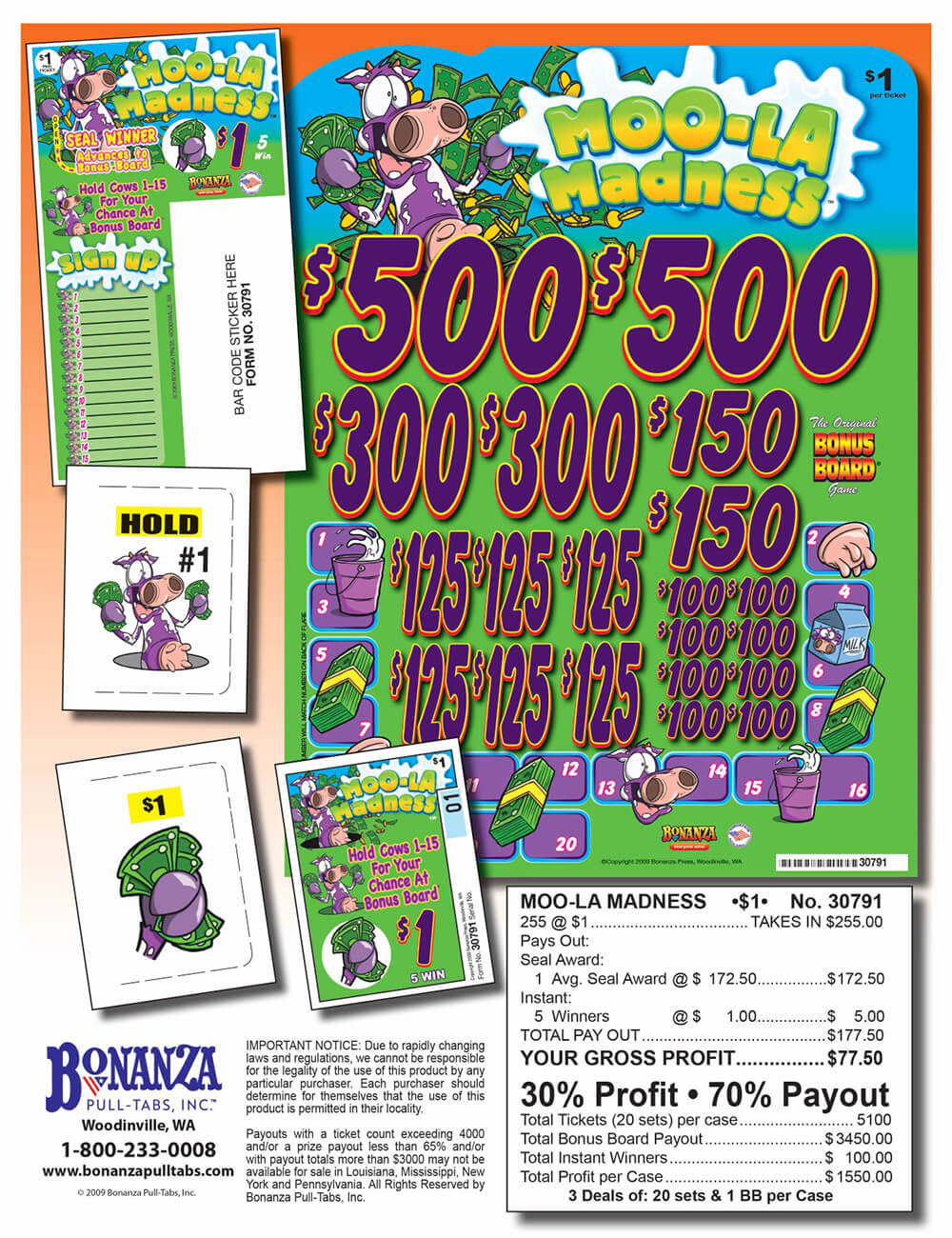 Moolah Madness 255ct Bonus Board Pull Tabs