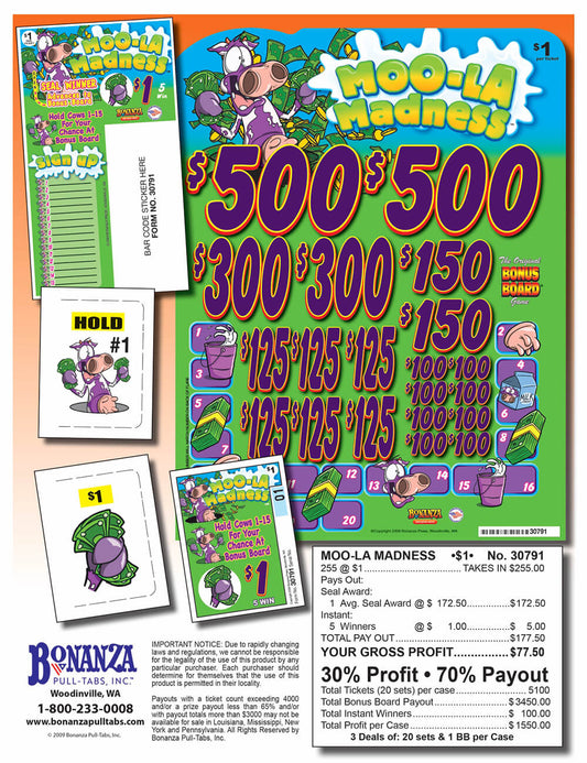 Moolah Madness 255ct Bonus Board Pull Tabs